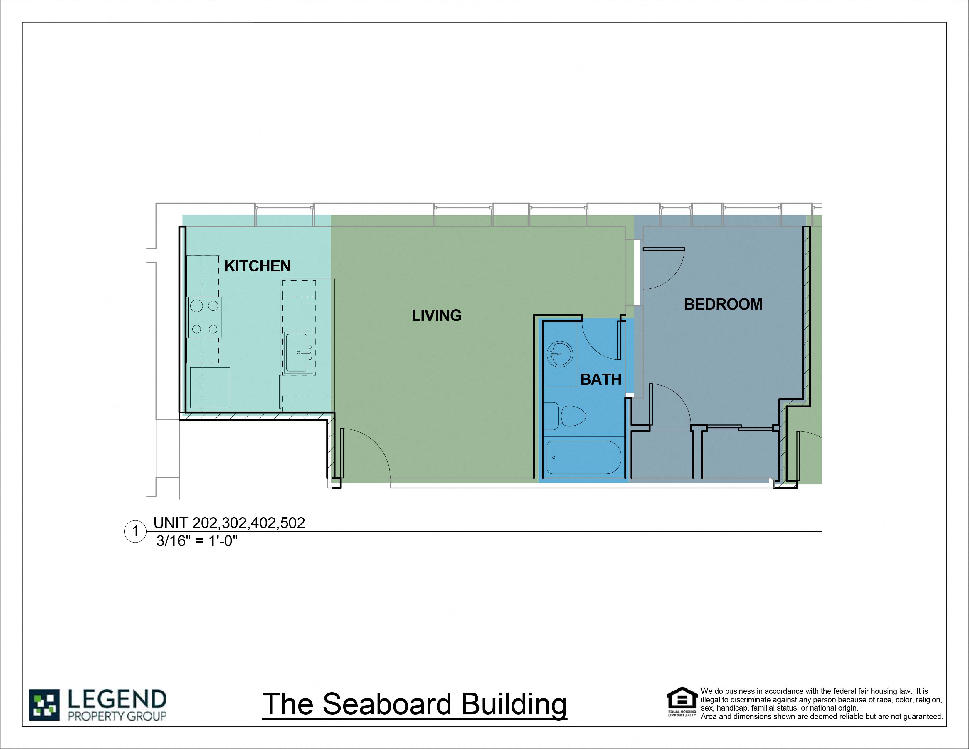 Floor plan for 1 bed, 1 bath, 629 sqft